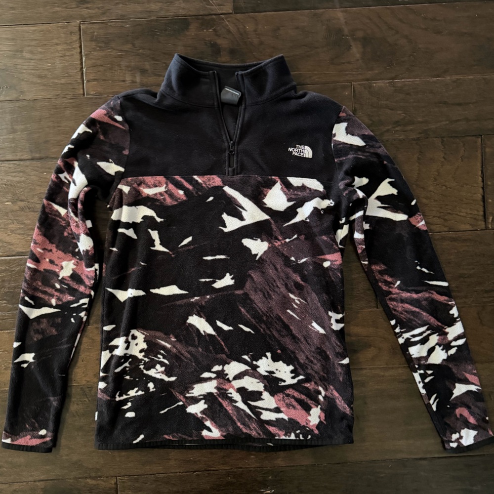 The North Face Women's Black and Pink Patterned Sweatshirt Fleece Zip